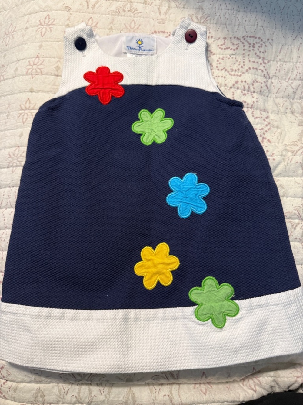 Florence Eiseman Navy and White Dress with Multicolor Flower Appliqués